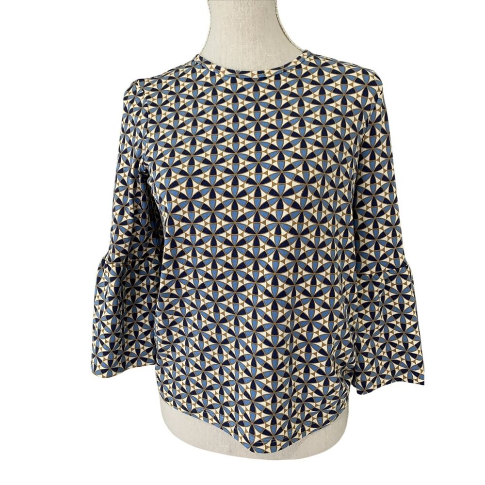 J. McLaughlin Top Size XS Blue Pinwheel Geometric Print Bell Sleeve Nylon Blend